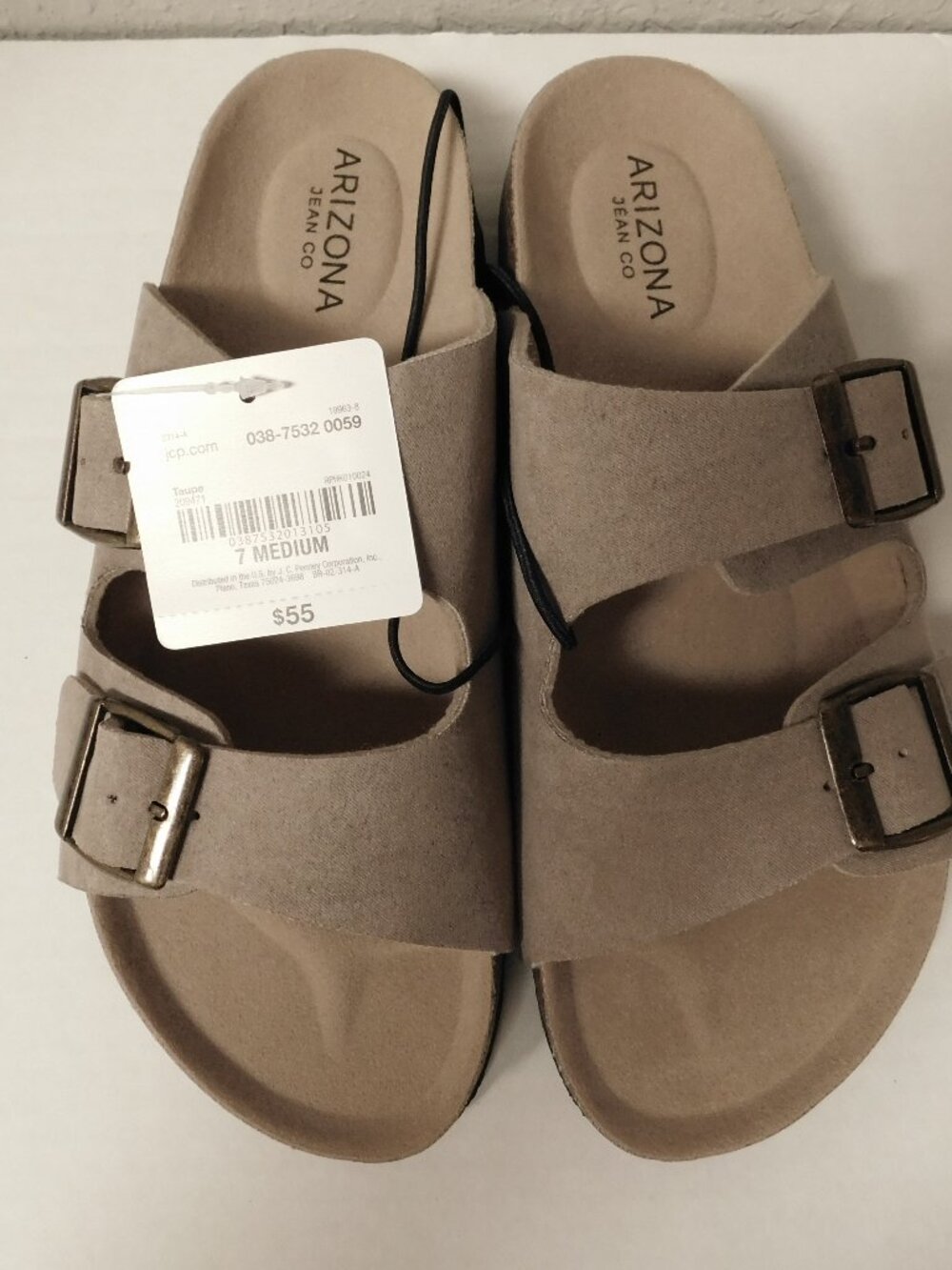 ARIZONA JEAN CO Taupe Double Buckle Slide Sandals Faux Leather Beachy Casual 7 - Picture 2 of 12